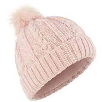 WOMENS CABLE KNIT FUR WOOL SKI HAT BEIGE